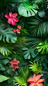Tropical foliage background with vivid red flowers.