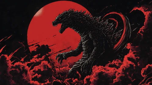 Giant spiked monster silhouetted against red full moon