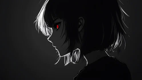 Red-eyed silhouette portrait in stark monochrome lighting.