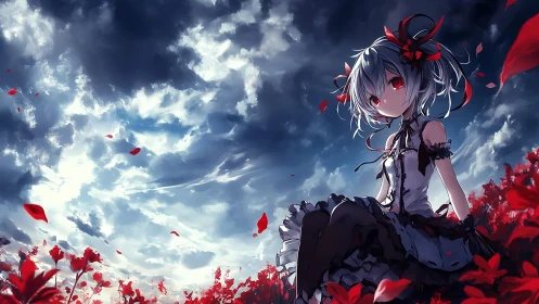 Anime girl in red flower field under dramatic cloudy sky.