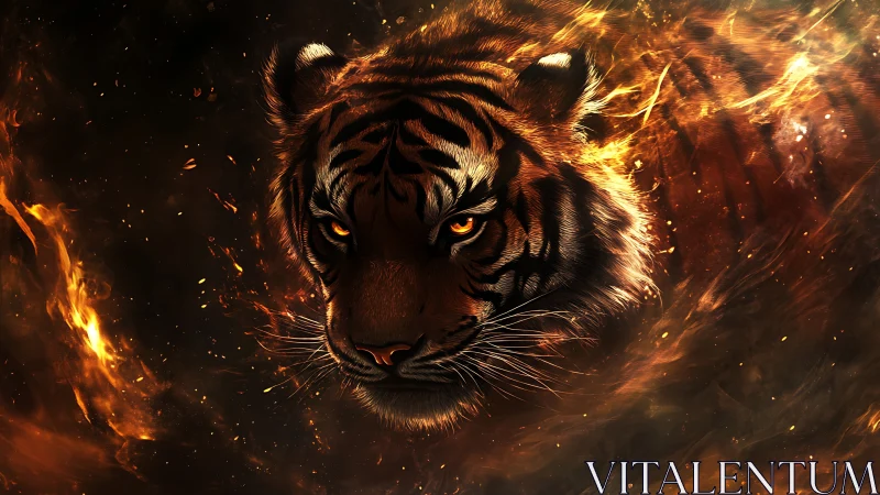 Tiger head in fiery abstract environment, frontal view.