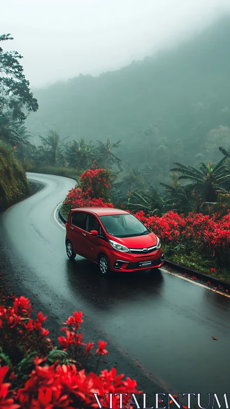 Red car glides along misty mountain road lined with vivid blooms