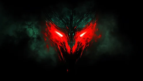 Smoldering cyber mask glowing through emerald smoke.