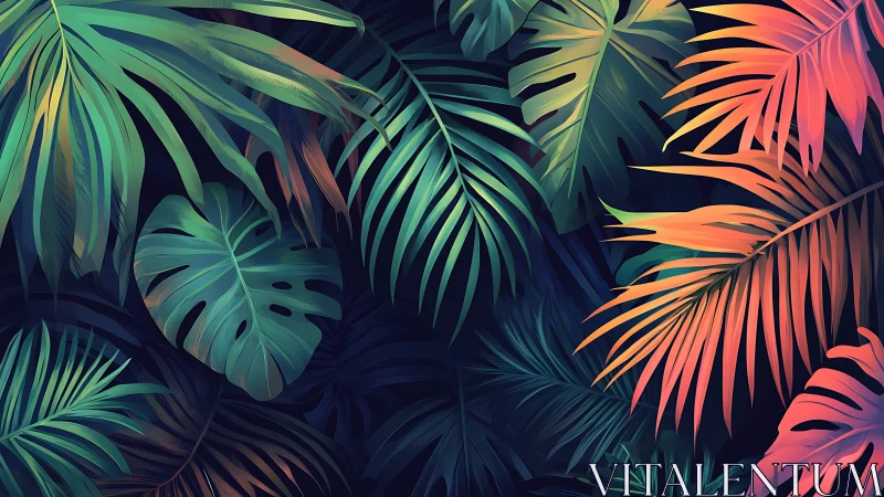 Lush tropical leaves glow in soothing teal and sunset tones