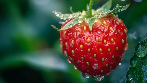 Ripe red strawberry with water droplets in close detail.