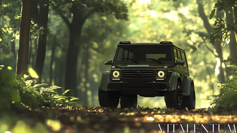 Forest trail titan: matte black 4x4 prowls green light.
