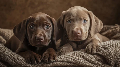 Two labrador puppies rest on textured blanket in soft studio light