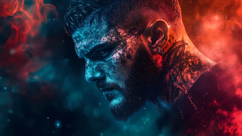 Dual-toned warrior profile immersed in fiery cosmic mist.