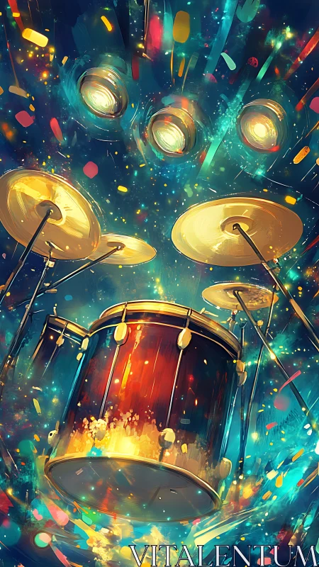 Colorful drum kit under bright stage lights in motion.
