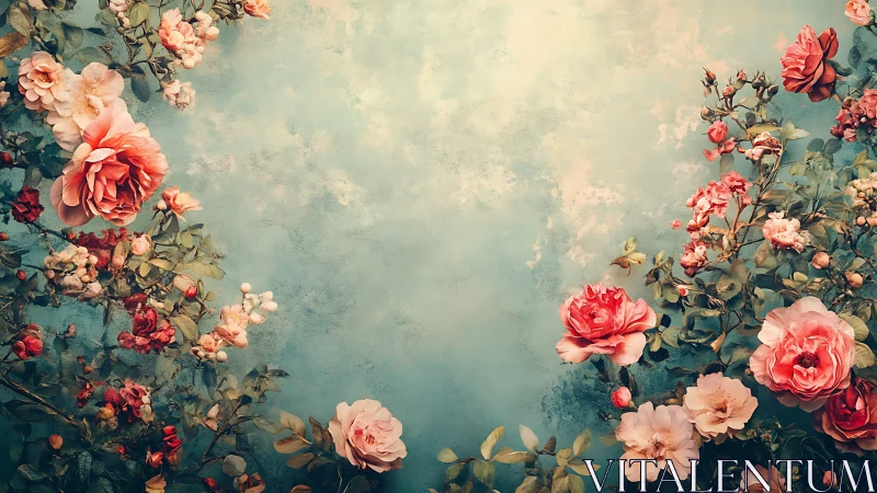Vintage Rose Garden with Distressed Teal Background.