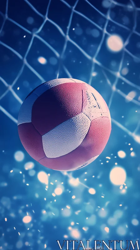 Sunny volleyball shot drifting into a dreamy blue netted sky.