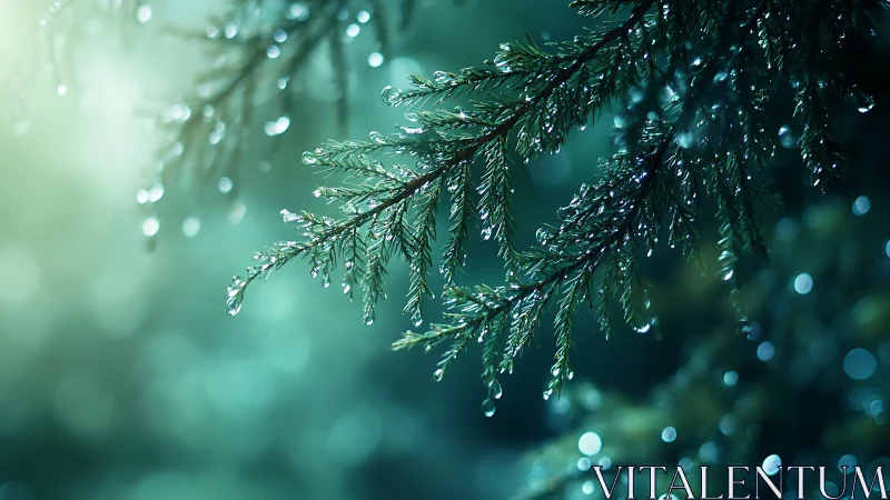 Wet conifer needles are shown in close-up after rainfall