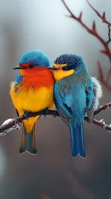Two Kingfishers Perched on Frost-Kissed Branch.