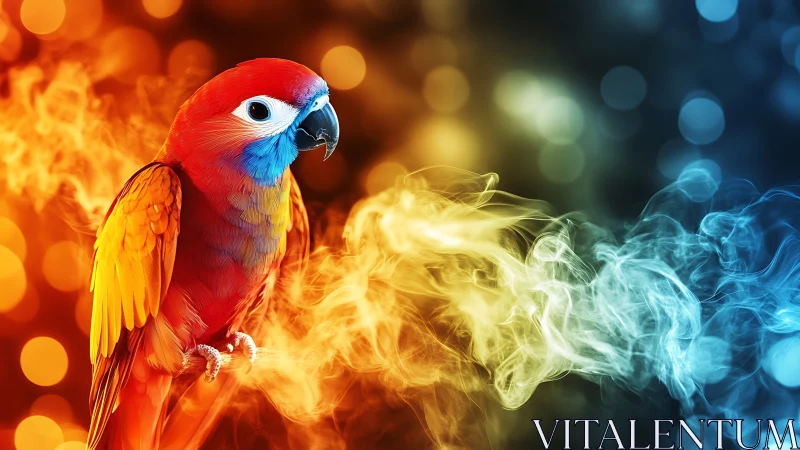 Vibrant parrot with fiery and cool smoke in digital art style.