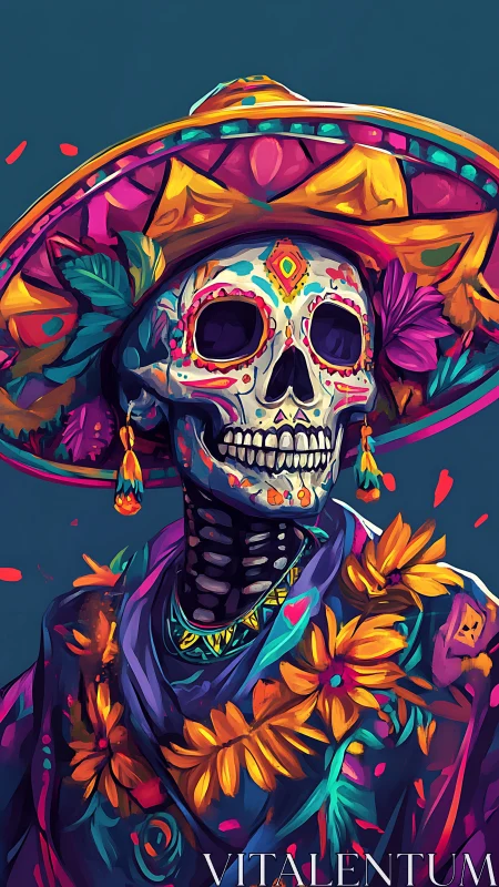 Chromatic calavera portrait with floral marigold wreaths.