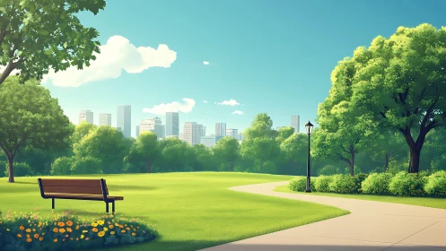 Digital painting of sunlit urban park with skyline backdrop.