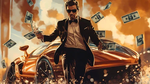 Stylish man in suit walking from sports car with cash.