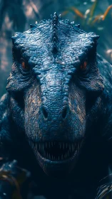 Predatory dinosaur closeup with menacing red eyes.