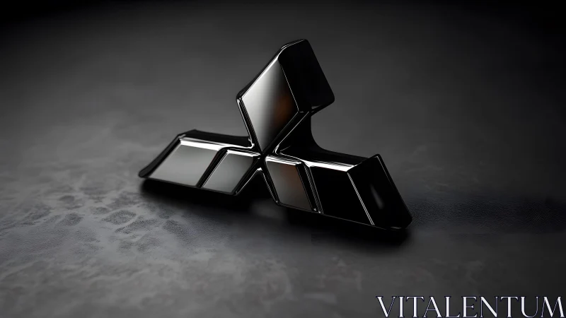 Sleek black metallic geometric emblem on dark textured surface.