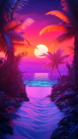 Neon sunset over tropical beach path and glowing sea.