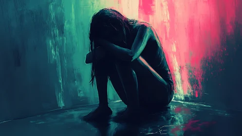 Solitary glow: a quiet moment held in neon shadows.