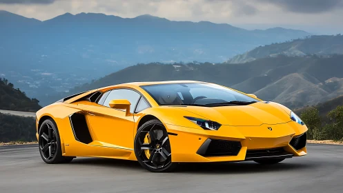 Sunlit yellow supercar prowls a winding mountain horizon road.