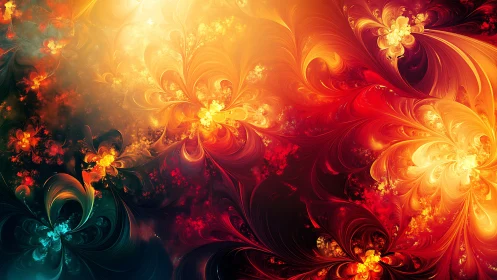 Glowing fractal flowers swirling in warm sunset colors.