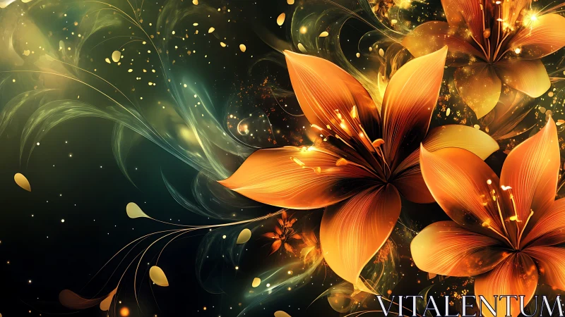 Glowing Lilies Dance in Golden Light and Emerald Mist