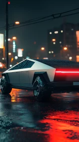 Cyberpunk pickup with hard-edged chassis in neon rainscape.
