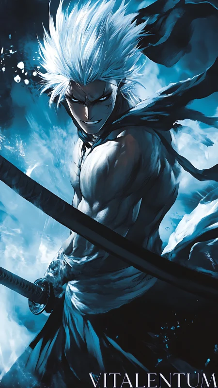 White-haired swordsman lunges through swirling blue energy.