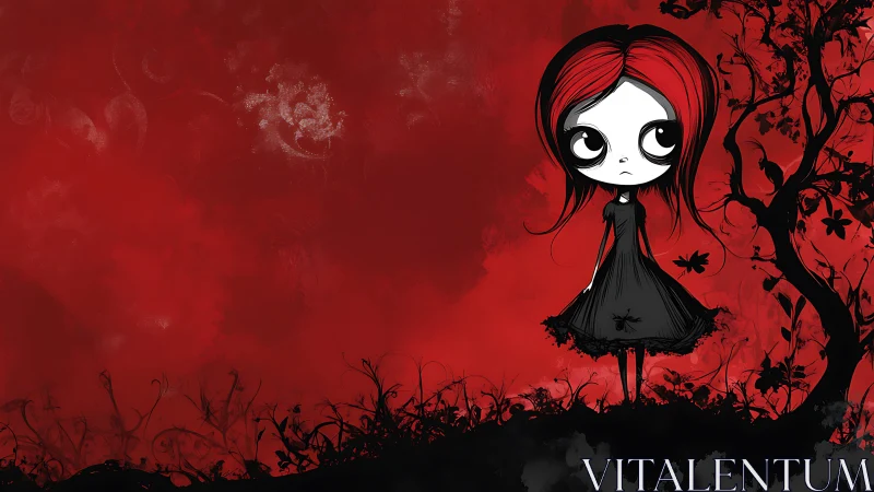 Stylized girl in black dress against red abstract field.