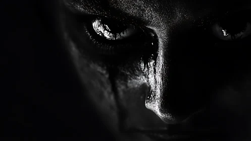 Haunting close-up face emerges from deep black shadows