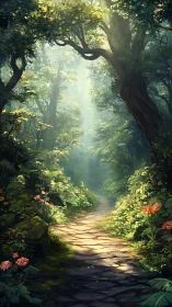 Luminous forest pathway through ancient trees with filtered sunlight.