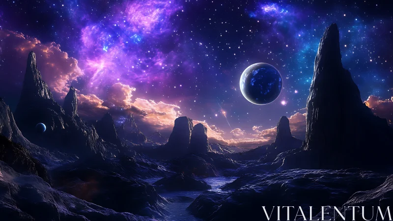 Distant rocky exoplanet landscape lies under dense nebula sky