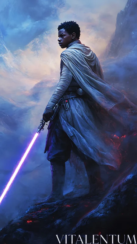 Young warrior stands on volcanic ridge holding glowing sword