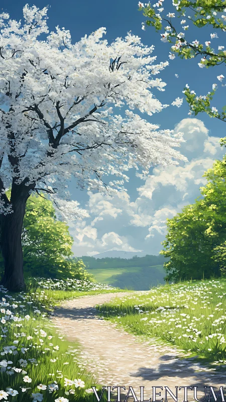 Sunlit blossom lane winding through soft spring silence.