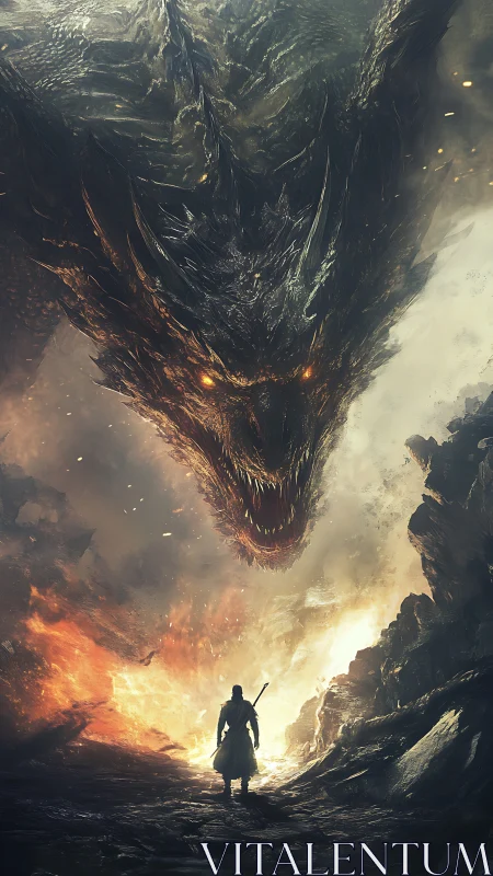 Blazing confrontation with colossal dragon over molten chasm.
