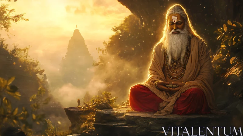 Meditating sage sits in glowing forest before distant temple