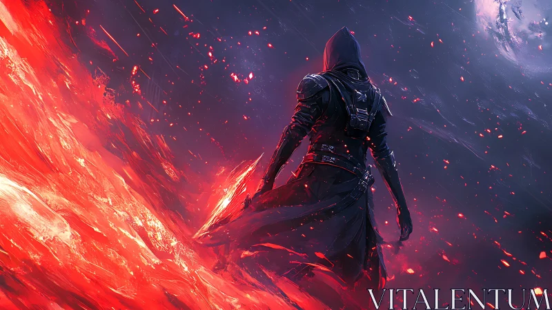 Hooded warrior surveys volcanic horizon with high-contrast nebular sky