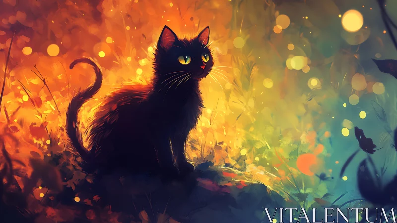 Black Cat Commands the Fiery Garden Where Luminescence Whispers Secrets