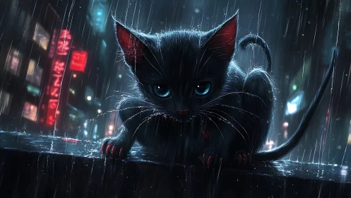 Neon rain alley kitten in cinematic cyberpunk lighting.