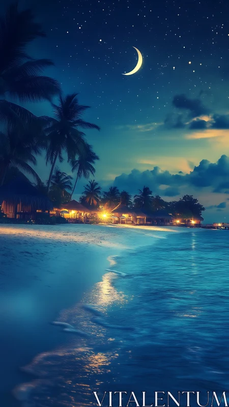 Moonlit tropical beach glows under clear starry night sky