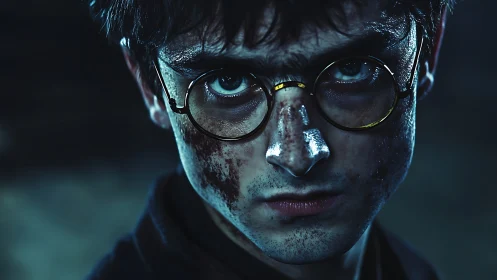 Battle-marked young wizard locks eyes in cold blue gloom