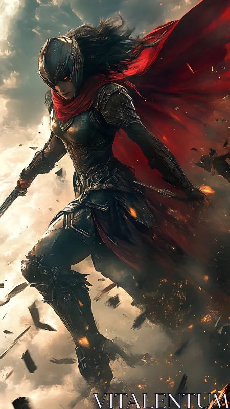 Armored warrior surges through firelit sky in mid-battle.