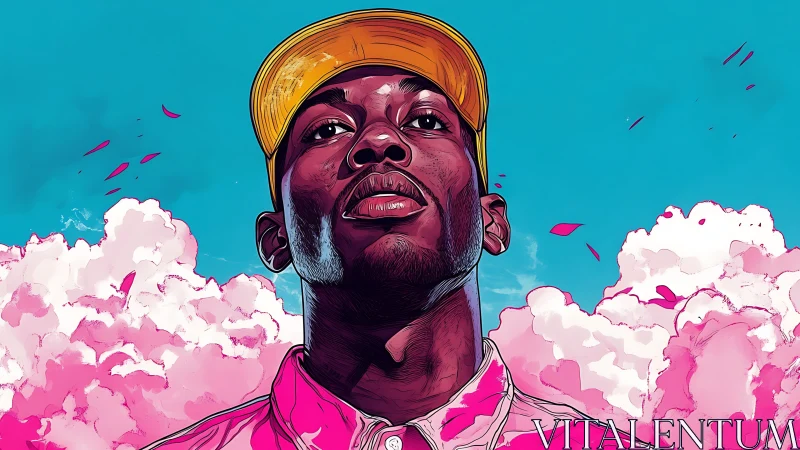 Sky-bright dreamer in neon clouds and sunflower yellow cap.