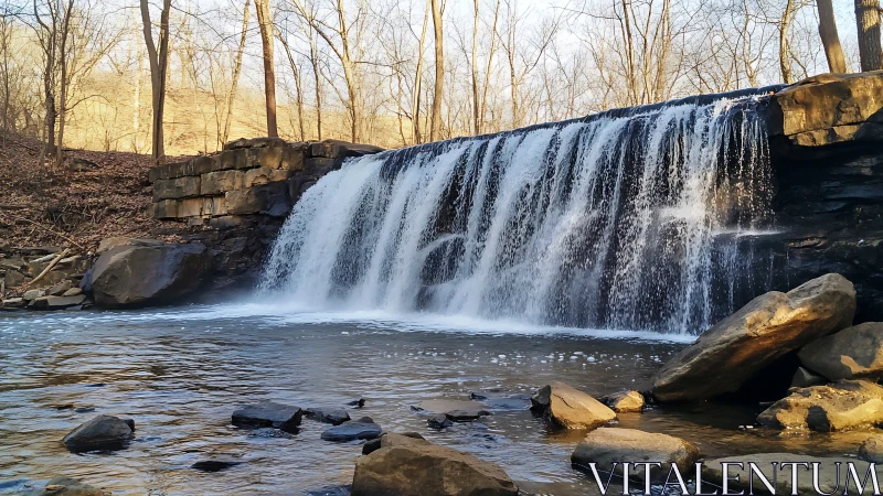 Serene waterfall over stone dam in a quiet forest, natural light.