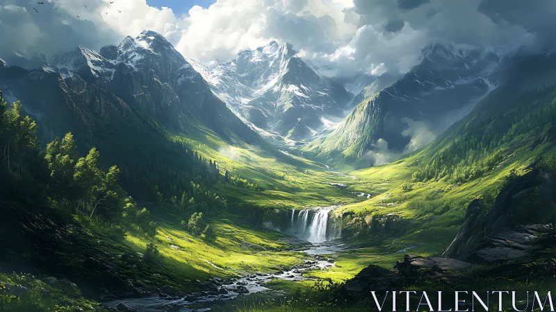 Epic digital landscape of sunlit valley and alpine peaks.