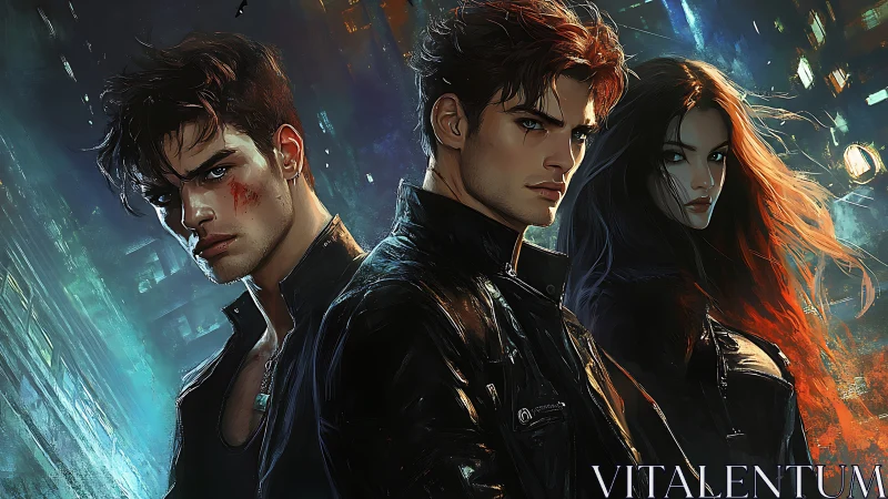 Triadic neon vigilantes in rain-slicked urban intensity.