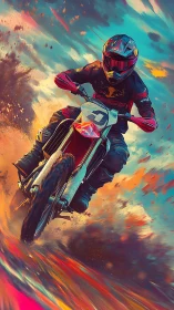 Motorcyclist on dirt track amid abstract color streaks.
