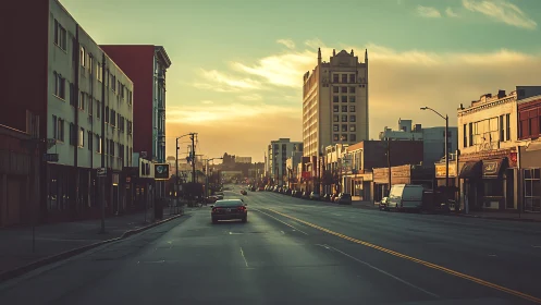Sunlit empty downtown street with retro tower skyline at dusk.